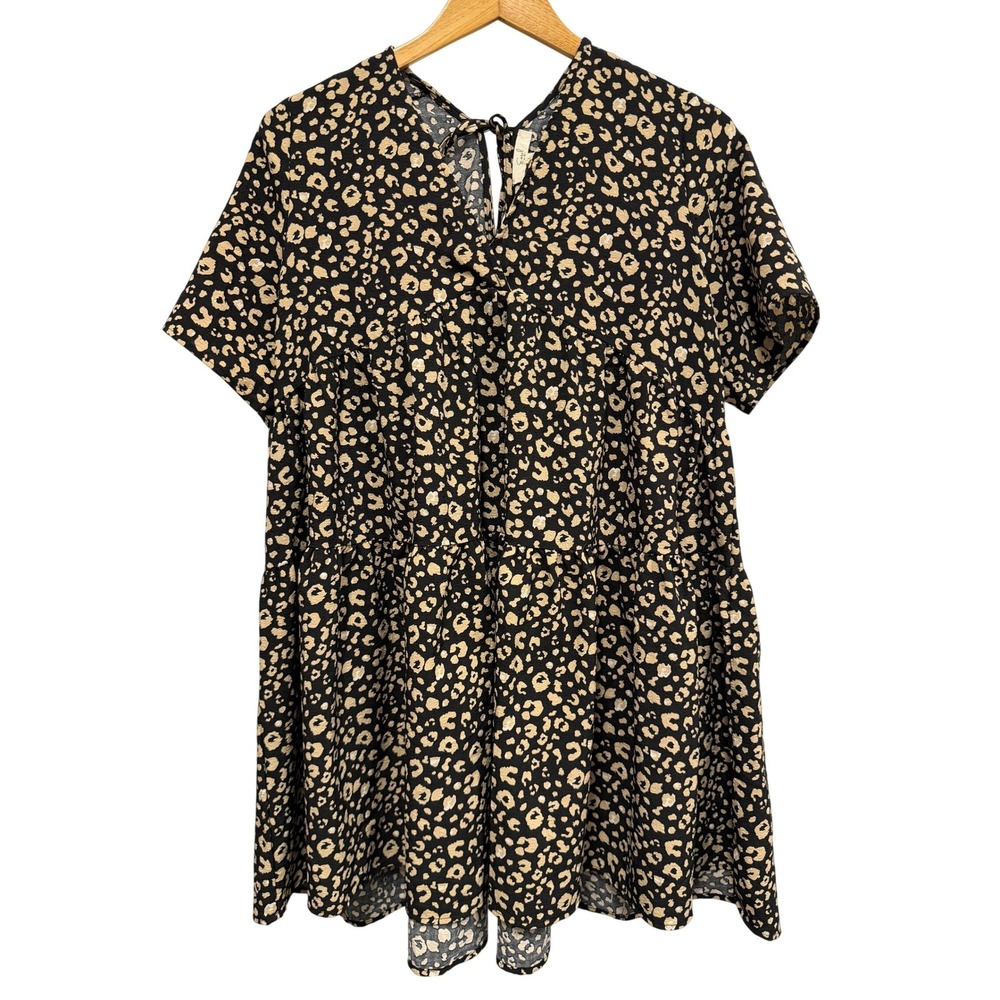 Easel Womens Leopard Print Tiered Babydoll Dress Black Tan Short Sleeve Large
